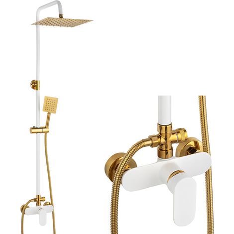 Colonne de douche Silla, système de douche avec mitigeur extérieur, design moderne, Blanc/Doré (1/5)