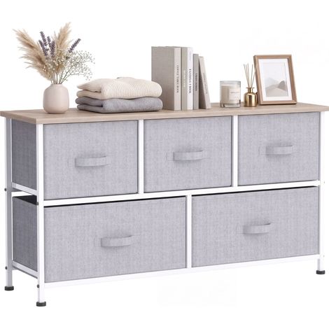 Cómoda con 5 Cajones de Tela Cómoda para Dormitorio Marco Metálico 100x30x54 cm Gris