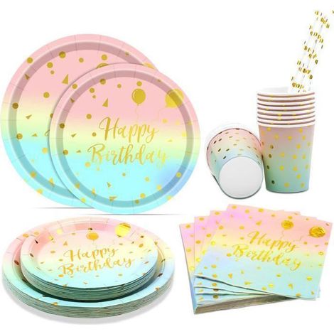 25 pièces vaisselle jetable anniversaire, noir doré, assiettes dessert tasses serviettes pailles nappe bannière pour fête enfant