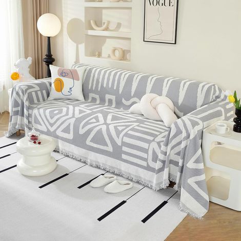 Housse de Canapé, Couvre Canapé Boho, Gris Clair, 180x260 cm Doux et respirant, lavable en machine, franges décoratives, pour canapé ou chaise longue