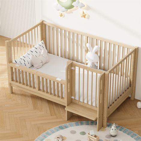 Lit Bébé Évolutif en Bois Massif - 140x70x80cm - Convertible en Cododo - avec Marchepied et Porte de Sécurité - Pin Naturel