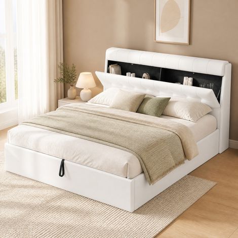 Cama tapizada moderna 160x200 cm en PU blanco, con cabecero con almacenaje, somier de láminas y apertura hidráulica (1/5)