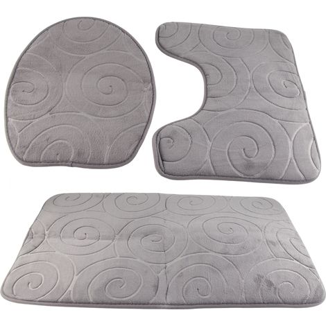Ensemble de 3 tapis de bain gris à motif pierre, couvre-abattant de toilette et tapis de sol absorbants pour baignoire et douche. (1/5)