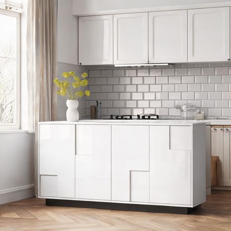 Sideboard 160 cm blanc laqué 4 portes géométriques et noir (1/5)