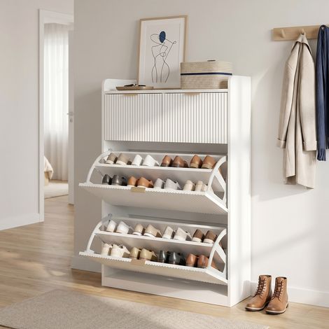 Schuhschrank aus Holz 80x24x110 cm, Flurmöbel, Schuhkipper mit 2 Schubladen und 2 Klappen, modernes skandinavisches Design, Weiß