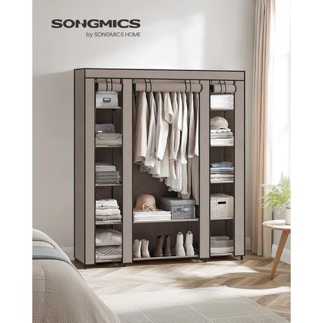 Songmics – Armoire de rangement en tissu – Penderie avec housse – 12 compartiments – Cadre en métal – Dimensions 45 x 150 x 175 cm – Couleur taupe (1/5)