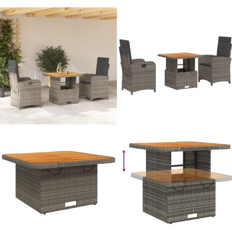 3-tlg. Garten-Essgruppe mit Kissen Grau Poly Rattan - Gartentisch - Sitzkissen