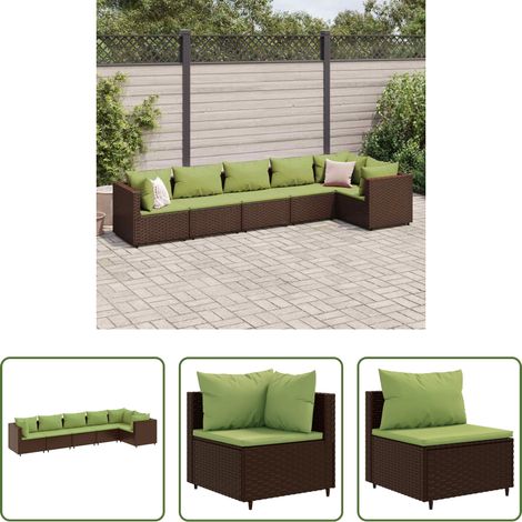 vidaXL Canapé central -  Salon de jardin 6 pcs avec coussins Marron Résine tressée (1/5)