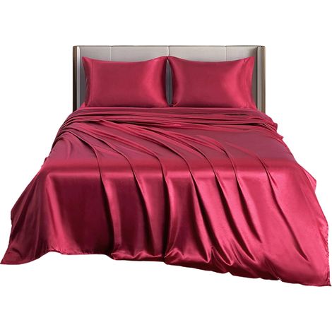 Draps en satin bordeaux luxueux et soyeux, ensemble de 4 pièces, taille Queen, en microfibre 1800. (1/5)