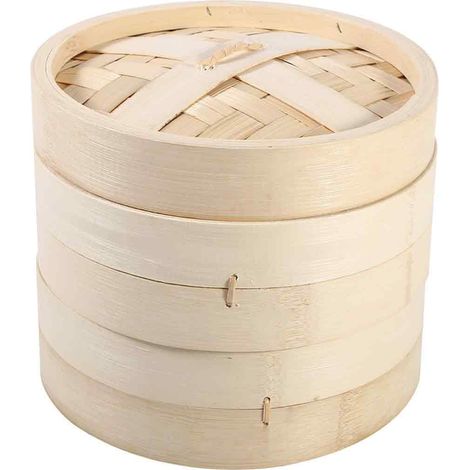 Vaporera de bambú de 2 niveles con tapa hermética, de 18 cm, para arroz y dim sum. (1/5)