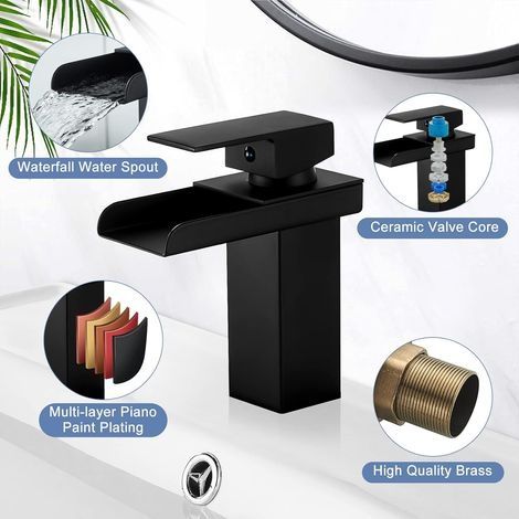 Schwarzer Waschtischhahn, wassersparender Keramik-Wasserfallhahn für Badezimmer, eleganter Design-Badezimmermischer (1/4)