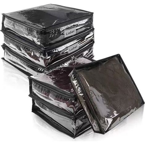 Sacs de rangement transparents et noirs pour vêtements, 40 x 35 x 10 cm, lot de 6 pochettes de rangement pliables à fermeture éclair (1/5)
