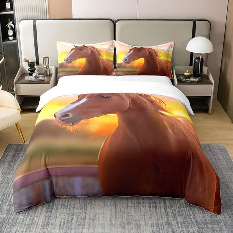 Parure De Lit Imprimé Cheval 3D Animaux Housse De Couette Garçon Fille Cheval Housse Couette 140X200cm 100% Coton avec 1 Taie d'oreiller Enfants Adolescents Marron Literie - 140 x 200 cm + 1 taie d'or (1/5)