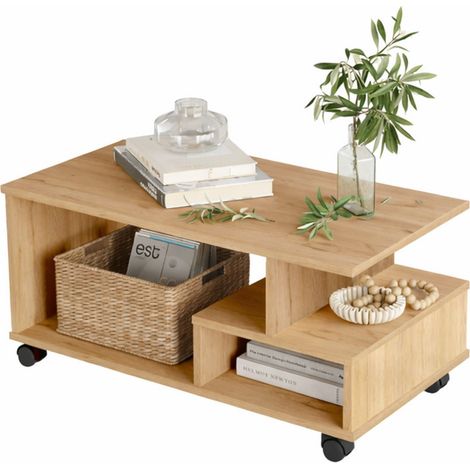 Table Basse Mobile 3 Niches Imitation Chêne L 90 H 42.5 P 51 cm (1/5)