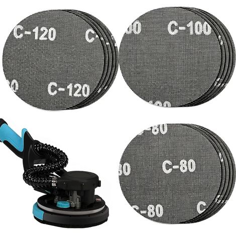 Lot de 15 disques abrasifs K80, K100, K120 pour ponceuse de plafond, ponceuse à col long, ponceuse pour cloisons sèches, papier abrasif de 225 mm de diamètre (1/5)