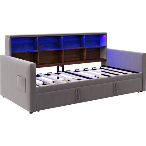 Cama tapizada convertible 90 x 190 cm en terciopelo gris oscuro con almacenaje y LED (1/5)