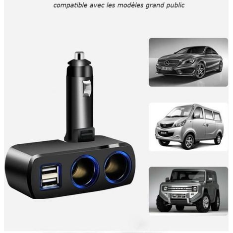 Chargeur Multiprise 12V - 2 Prises Allume-Cigare + 2 Ports USB - LED Intégrée - Pour Voiture 12-24 V - 80 W - Noir (1/4)
