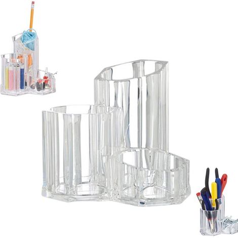 Porte-pinceaux de maquillage - Organisateur de maquillage - Présentoir transparent à trois compartiments - Porte-stylos - Acrylique - 13 x 13,5 x 12 cm - Pour accessoires de beauté et cosmétiques tran (1/5)