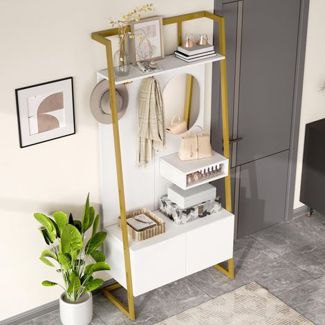 Armoire compacte et minimaliste moderne, meuble de rangement ouvert multifonctionnel avec miroir, crochets métalliques, porte-manteau