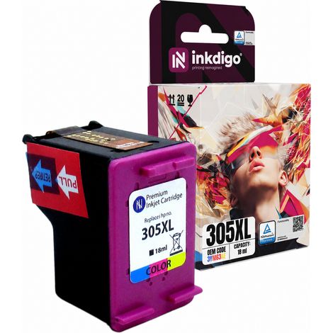 Cartouches d'encre Inkdigo 305XL compatibles avec les imprimantes HP DeskJet 2320 Plus4100, 2722e et Envy 6010. Certification TÜV. (1/5)
