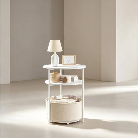 Mesa auxiliar redonda blanca con cesto de tejido y estructura metálica OKWISH (1/5)