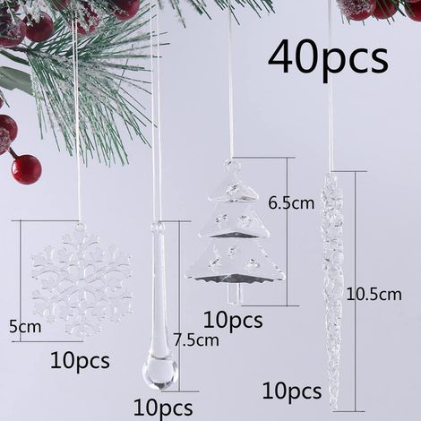 Lot de 40 Ornements de Noël Transparents Décorations Suspendues pour Arbre de Noël - Flocons de Neige, Glaçons, Gouttes d'eau et Sapins en Plastique Acrylique pour Décoration de Fête d'hiver