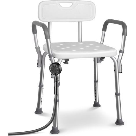VOUNOT® Chaise de douche avec dossier et accoudoirs - Hauteur réglable - Pieds antidérapants - Siège en Aluminum HDPE - Blanc