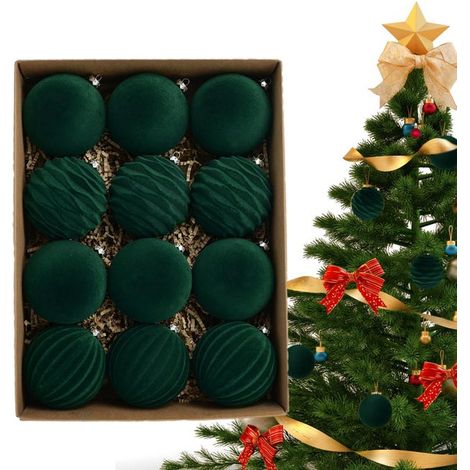 12 boules de Noël en velours, boules en plastique, ornements décoratifs à suspendre sur le sapin de Noël, décoration à suspendre de 8 cm, vert (1/5)