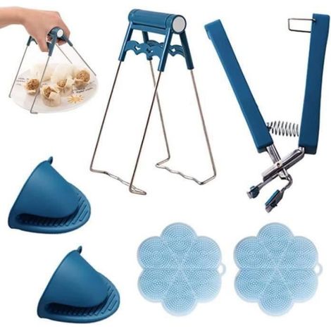6 pcs Ensemble de Cuisine Anti-brûlure,Gants en silicone et clip anti-brûlure,pinces à bol,tampon en silicone - bleu (1/4)