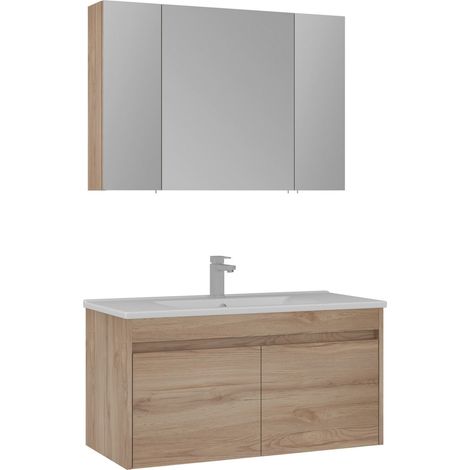 Ensemble Meuble Vasque avec Miroir (2 Pièces) "Side 100 v3" - 100 x 45 x 52 cm - Oak (1/3)
