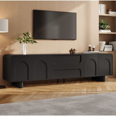Mobile TV 180x40x46 cm con ante e cassetti, bordi arrotondati, passacavi, MDF e pannello truciolare nero (1/5)