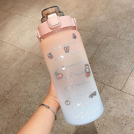 Gourde rose de 2 litres (70 oz) avec indicateur de temps et bouchon à clapet, graduée.