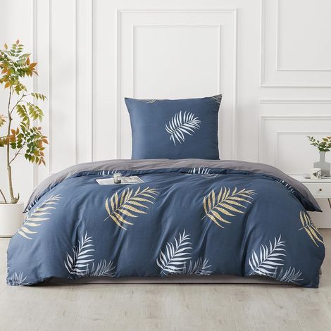 Bettwäsche-Set 155x220 cm Baumwolle Blau mit Blattmuster, 2-teilig
