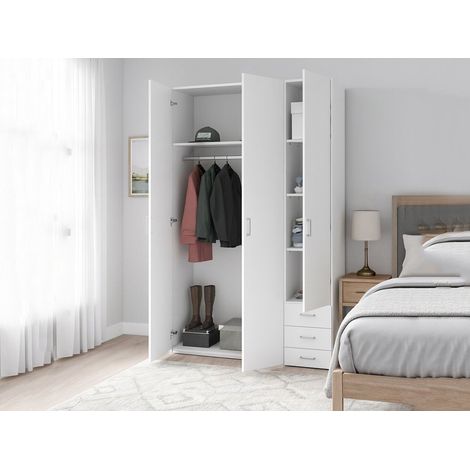 Dmora Armadio guardaroba a tre ante e tre cassetti, colore bianco, Misure 115 x 200 x 49 cm, con imballo rinforzato (1/5)