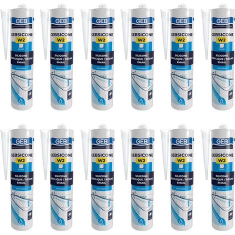 GEB – Lot de 12 cartouches mastic silicone blanc 310ml – Adhérence forte pour surfaces émaillées – Formulé avec fongicide anti-moisissures (1/2)