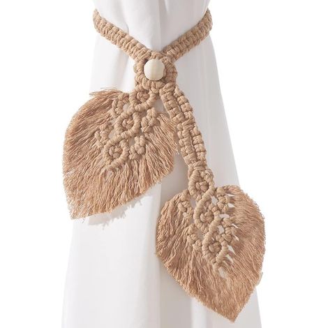 Confezione da 2 fermatende in stile boho, in cotone lavorato a mano con perline regolabili in legno naturale, a doppia foglia, in stile rustico. (1/5)