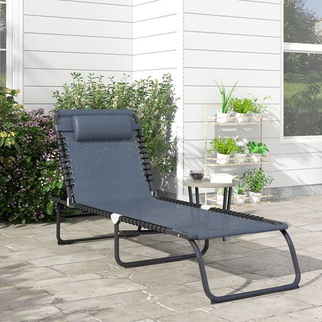 Bain de Soleil transat Pliable Dossier inclinable Multi-Positions Acier thermoplastique Lacets élastiques Noir textilène Gris