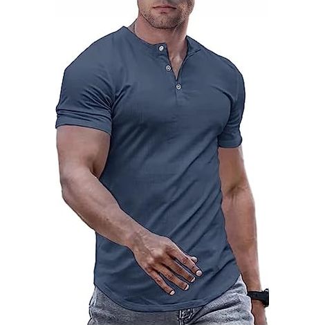 T-Shirt Homme - Col Henley Boutonné - Coupe Slim Musclée - Tissu Extensible en Élasthanne et Viscose - Pour Gym et Usage Quotidien - 1 Pièce (1/3)