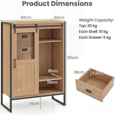 Buffet rustique naturel en métal et bois avec porte coulissante, 5 tiroirs et étagères réglables pour salle de bain (1/5)