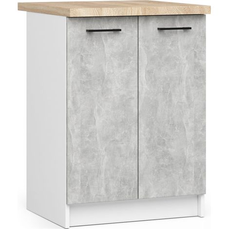 Armoire de cuisine sur pied : 2 portes, 2 étagères, blanc béton, largeur : 60 cm, hauteur : 85 cm, profondeur : 46 cm. (1/4)