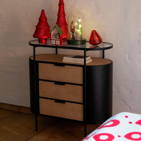 Buffet 3 tiroirs 80x36x80 cm en verre, bois et métal noir - GAIRLY
