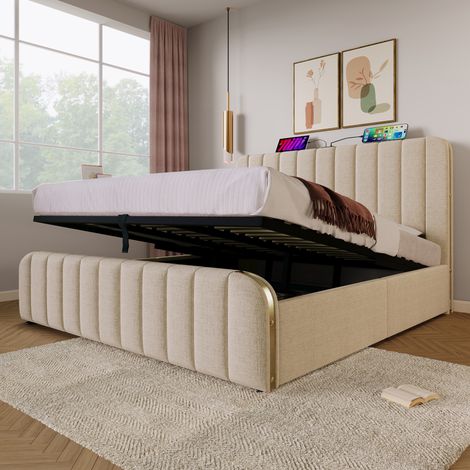 Cama con espacio de almacenamiento tapizada en lino beige 180x200 cm, USB/Tipo-C, colchón y somier incluidos (1/5)