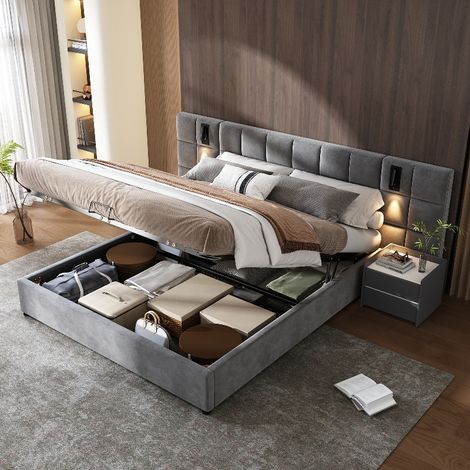 Polsterbett 180x200 grau mit Stauraum und Bettkasten, Doppelbett aus Samt mit hydraulischem Lattenrost, Leselampe und USB-Anschluss (1/5)