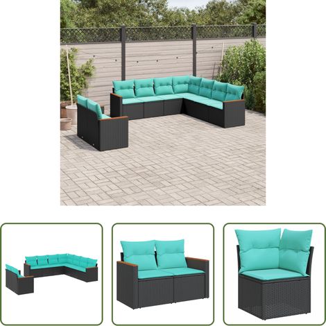 Gartenmöbel - 9-teiliges Gartensofa-Set mit Kissen, schwarzes Polyrattan (1/5)