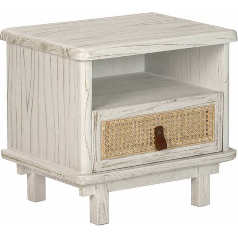Table de chevet en bois blanchi et rotin - blanc lavage doré naturel (1/5)