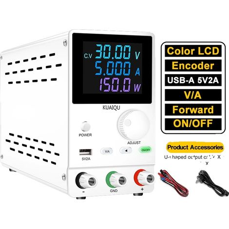 Fuente de alimentación de CC, voltaje ajustable, alta precisión, 30V 5A 150W Blanca (1/2)