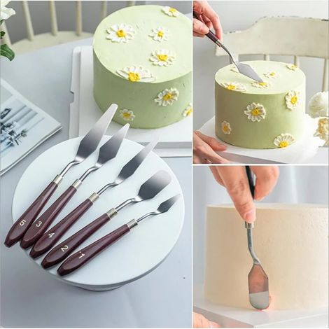 Spatule À Glacer - Lame En Acier Inoxydable - Poignée En Bois Massif - Pour Décoration De Gâteaux Et Peinture Artistique - Lot De 7 (1/5)