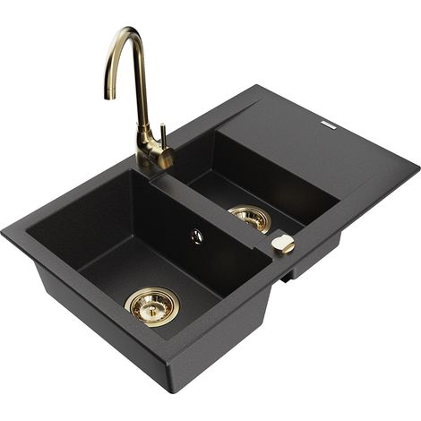 Mexen Gaspar lavello in granito 1,5 vasca con scolapiatti e rubinetto da cucina Telma, nero - 6507-77-670200-50 (1/5)