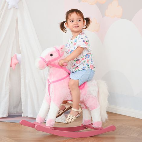 Cheval bascule à en bois avec jouet sonore animal cadeau pour enfants - 74 x 28 x 65 cm - rose