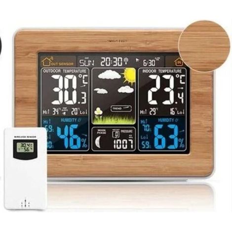 Station météorologique numérique couleur avec température / humidité / baromètre / calendrier / horloge météorologique multifonctionnelle (surface en bambou) (1/2)